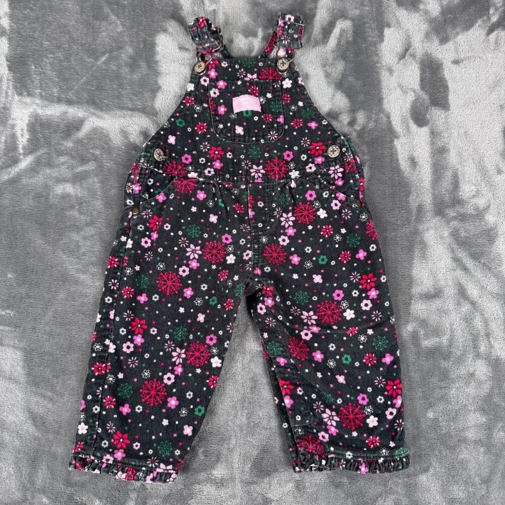 OshKosh B'gosh Baby Girl Size 9 Months Corduroy Overalls Floral Red 100% Cotton